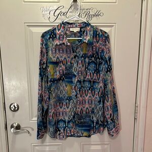 Jones New York Sport Button Front Blouse Shirt XL Colorful Ikat Roll‎ Sleeve